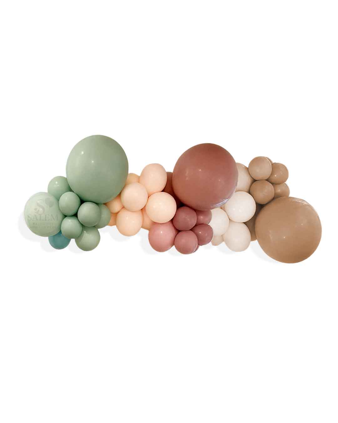 Pastel color organic balloon garland on a white background with a Salem Balloons and flowers logo.
